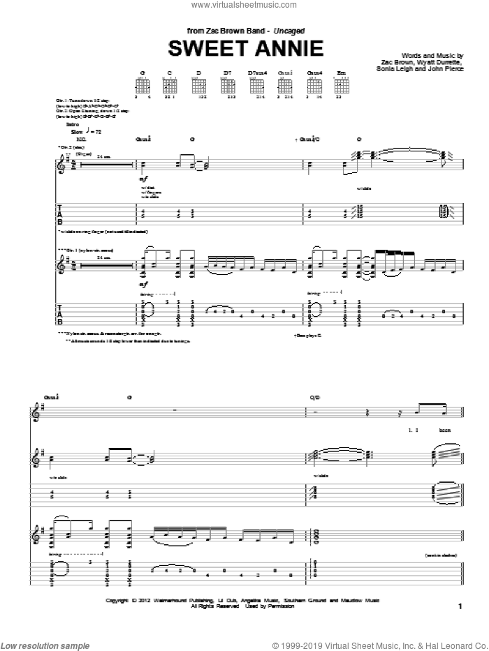 Sweet Annie sheet music for guitar (tablature) by Zac Brown Band and Zac Brown, intermediate skill level