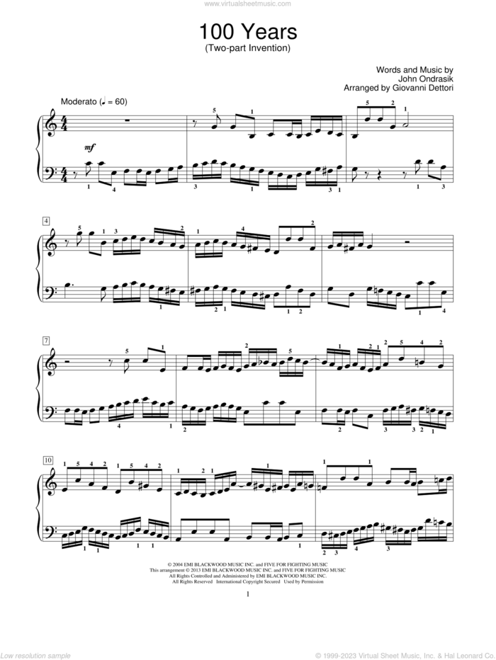 100 Years sheet music for piano solo (elementary) by Lady Gaga, Five For Fighting, Giovanni Dettori and John Ondrasik, beginner piano (elementary)