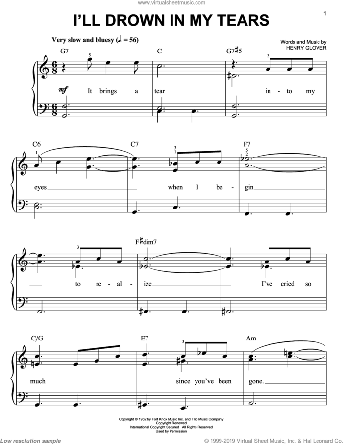 I'll Drown In My Tears sheet music for piano solo by Ray Charles, Ray (Movie) and Henry Glover, easy skill level