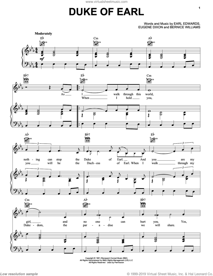 Duke Of Earl sheet music for voice, piano or guitar by Gene Chandler, Bernice Williams, Earl Edwards and Eugene Dixon, intermediate skill level