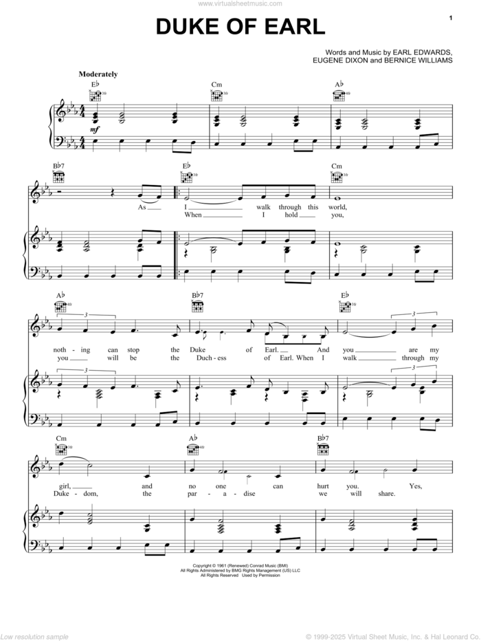 Duke Of Earl sheet music for voice, piano or guitar by Gene Chandler, Bernice Williams, Earl Edwards and Eugene Dixon, intermediate skill level