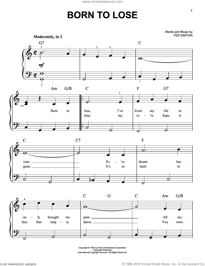 Born To Lose sheet music for piano solo by Ray Charles, Ray (Movie) and Ted Daffan, beginner skill level