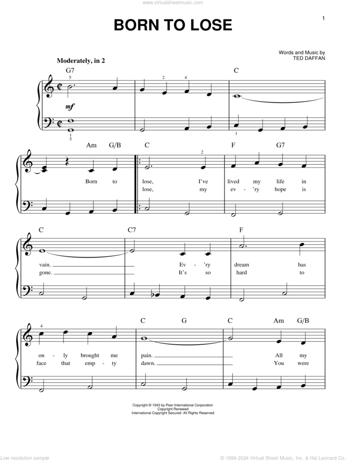 Born To Lose, (beginner) sheet music for piano solo by Ray Charles, Ray (Movie) and Ted Daffan, beginner skill level