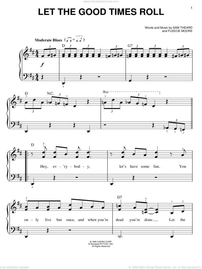 Let The Good Times Roll sheet music for piano solo by Ray Charles, B.B. King, Ray (Movie), Fleecie Moore and Sam Theard, easy skill level