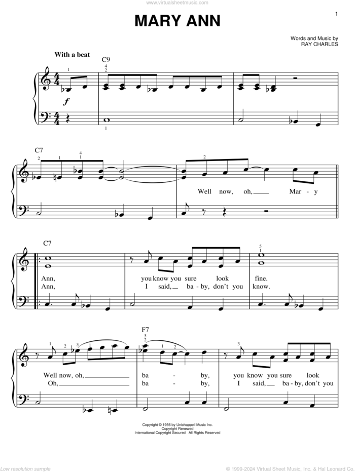 Mary Ann sheet music for piano solo by Ray Charles and Ray (Movie), easy skill level