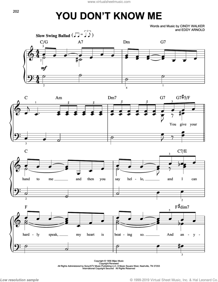 You Don't Know Me sheet music for piano solo by Ray Charles, Ray (Movie), Cindy Walker and Eddy Arnold, beginner skill level
