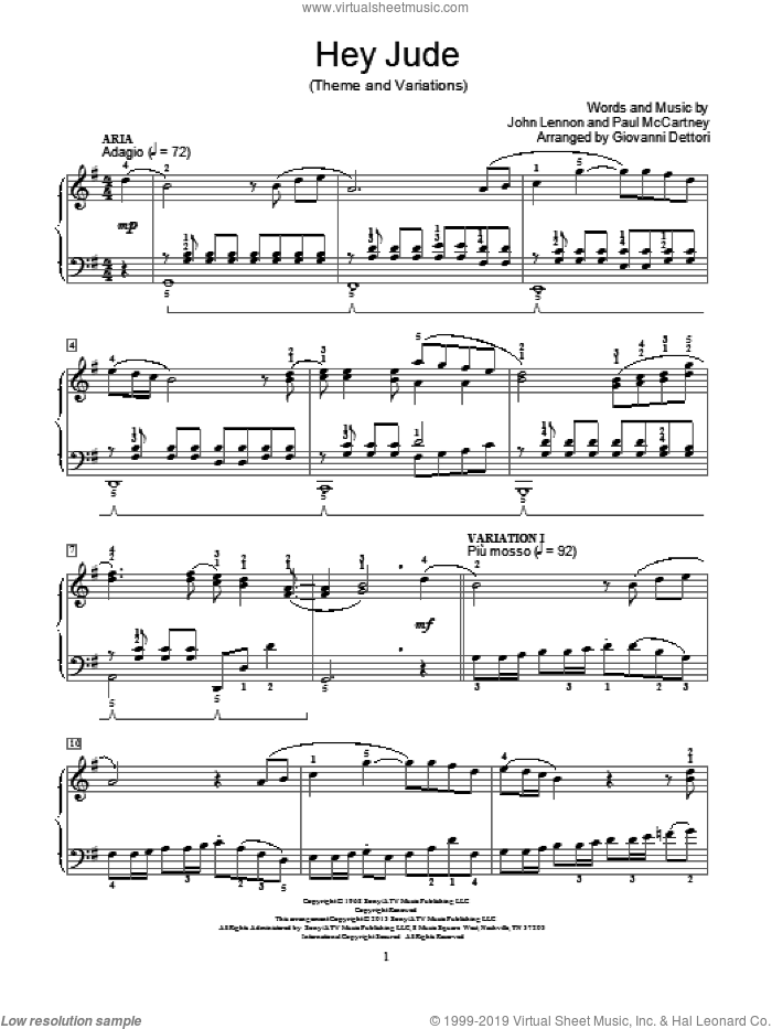 Hey Jude sheet music for piano solo (elementary) by The Beatles and Giovanni Dettori, beginner piano (elementary)