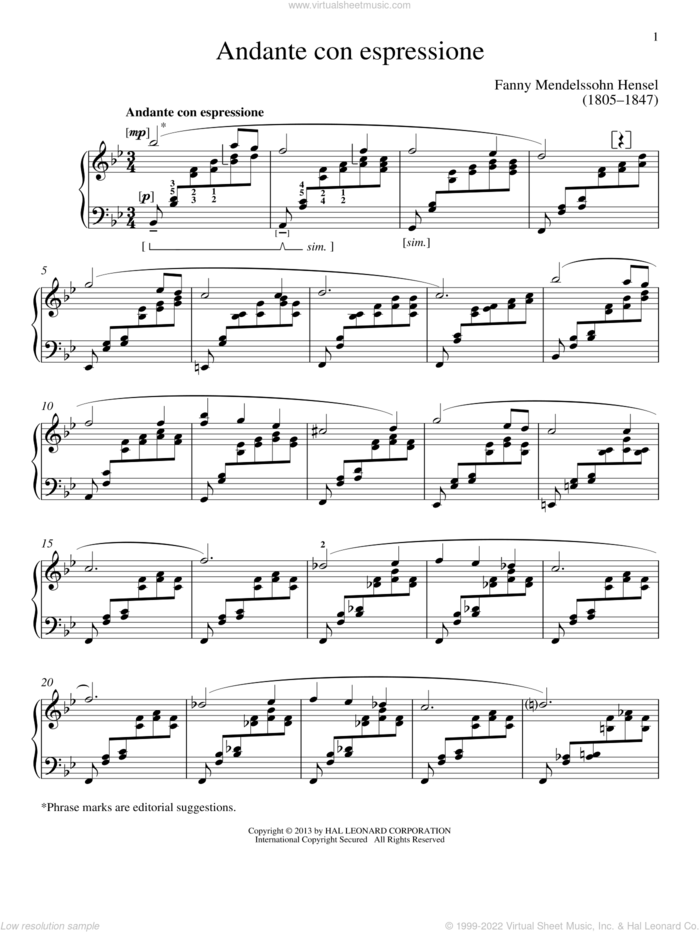 Andante con espressione sheet music for piano solo by Gail Smith and Fanny Mendelssohn Hensel, classical score, intermediate skill level