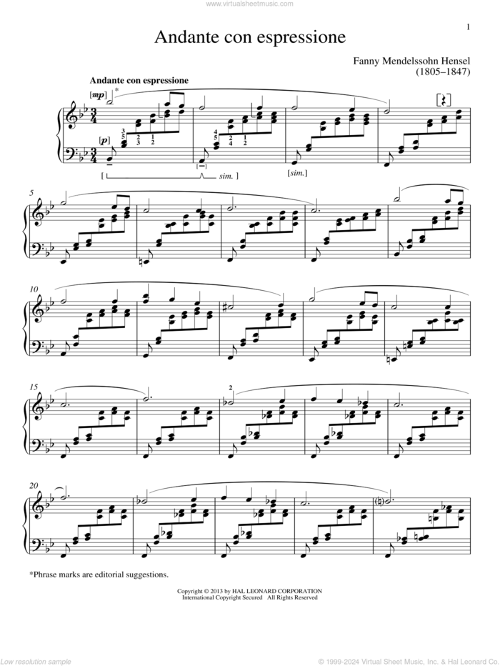 Andante con espressione sheet music for piano solo by Gail Smith, Fanny Mendelssohn and Fanny Mendelssohn Hensel, classical score, intermediate skill level