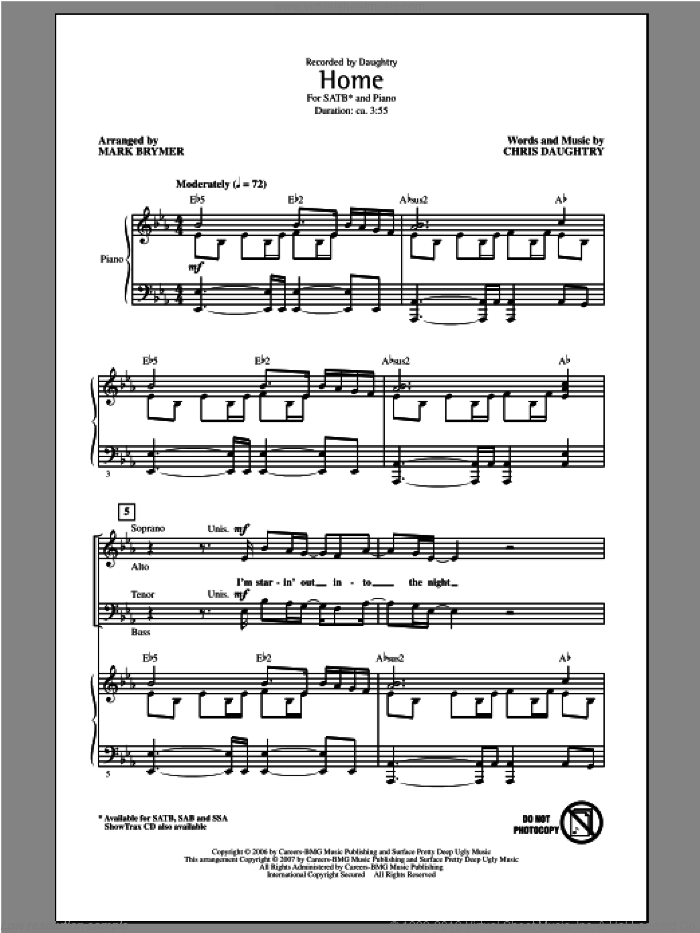 Home sheet music for choir (SATB: soprano, alto, tenor, bass) by Mark Brymer, Chris Daughtry and Daughtry, intermediate skill level