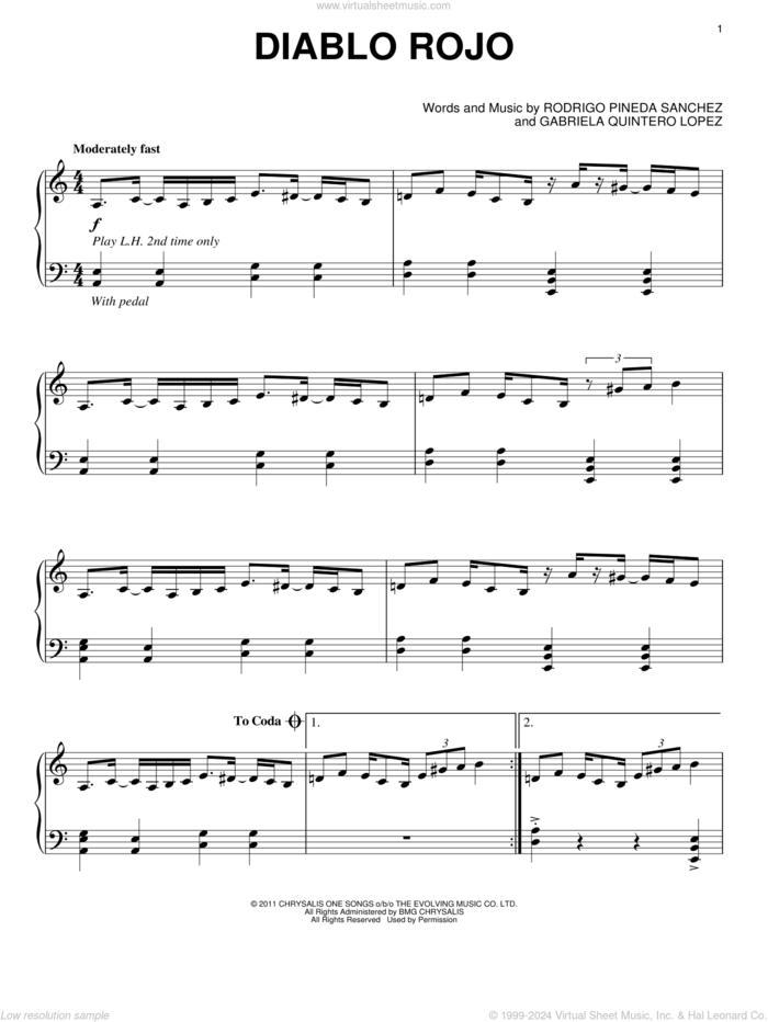 Diablo Rojo sheet music for piano solo by Rodrigo y Gabriela and Henry Jackman, intermediate skill level