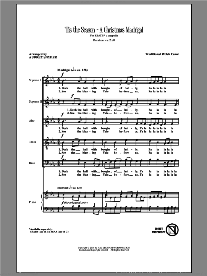 Deck The Hall sheet music for choir (SATB: soprano, alto, tenor, bass) by Audrey Snyder, intermediate skill level