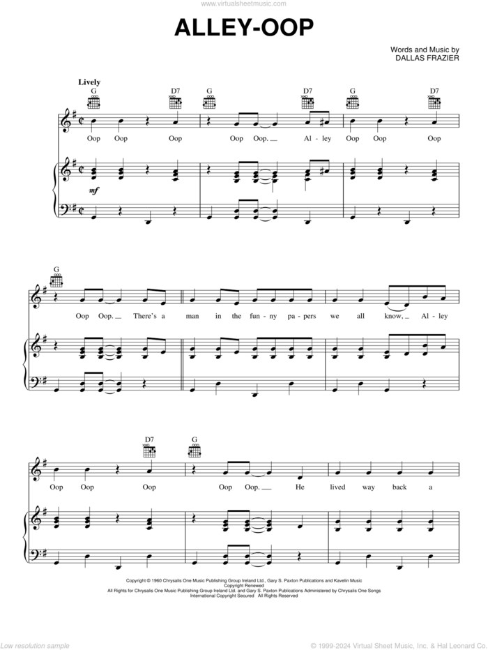 Alley-oop sheet music for voice, piano or guitar by Dallas Frazier, intermediate skill level