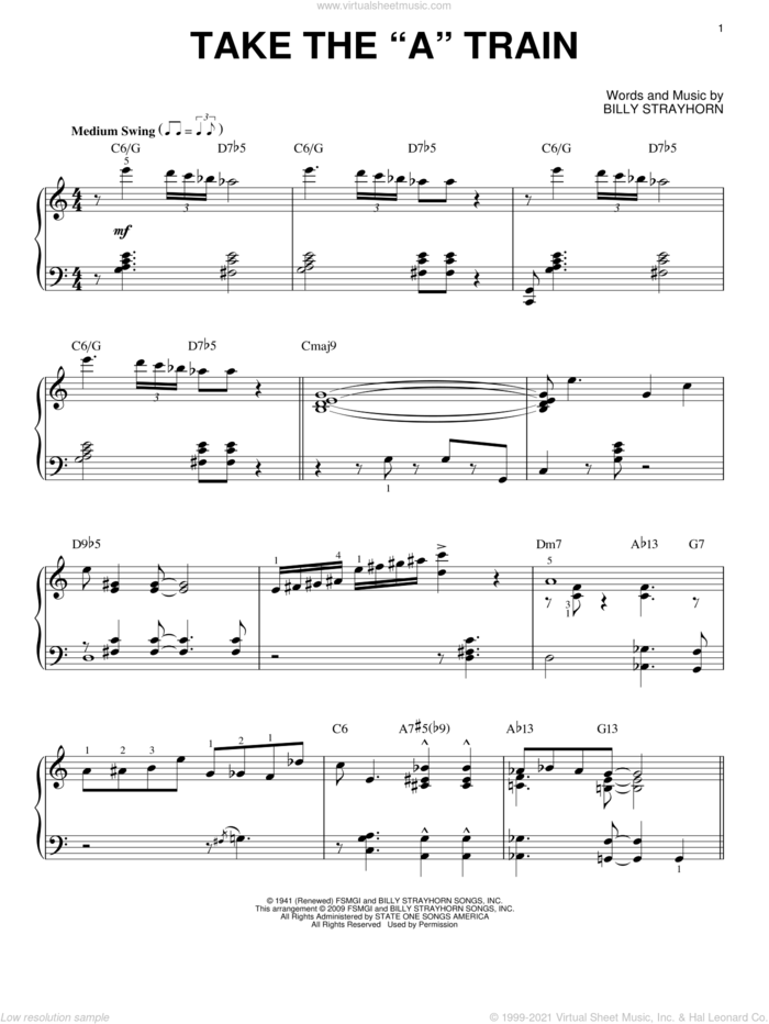 Take The 'A' Train (arr. Brent Edstrom) sheet music for piano solo by Duke Ellington, intermediate skill level