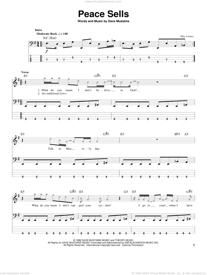 Peace Sells sheet music for bass (tablature) (bass guitar) by Megadeth and Dave Mustaine, intermediate skill level