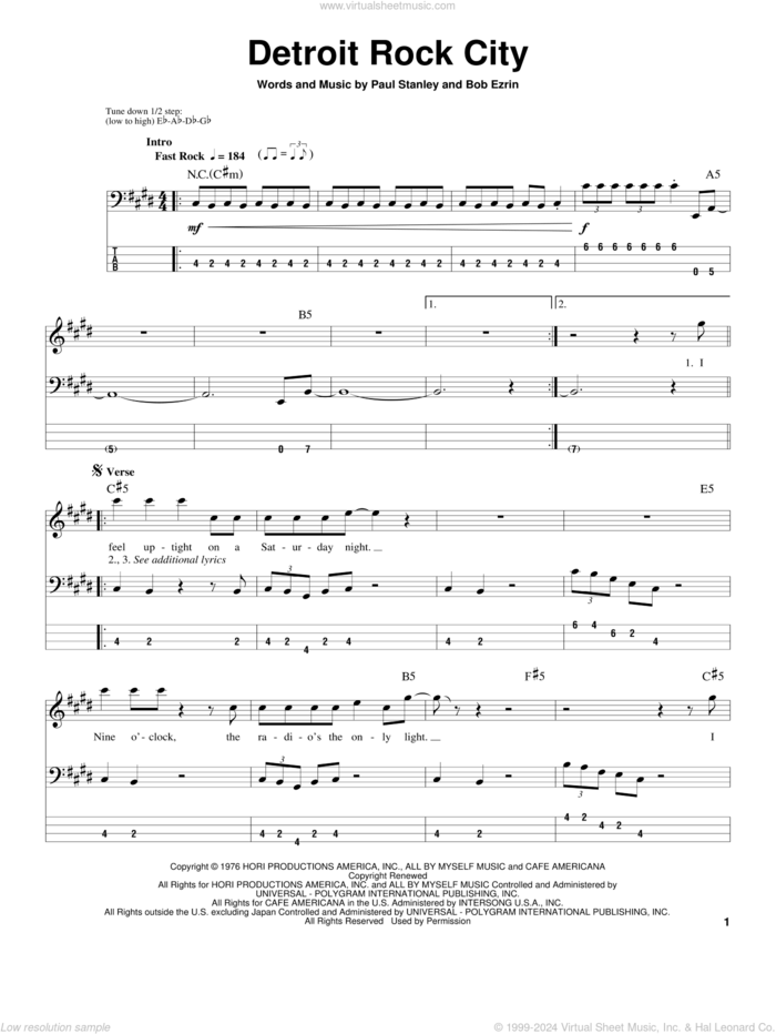 Detroit Rock City sheet music for bass (tablature) (bass guitar) by KISS, Bob Erzin and Paul Stanley, intermediate skill level