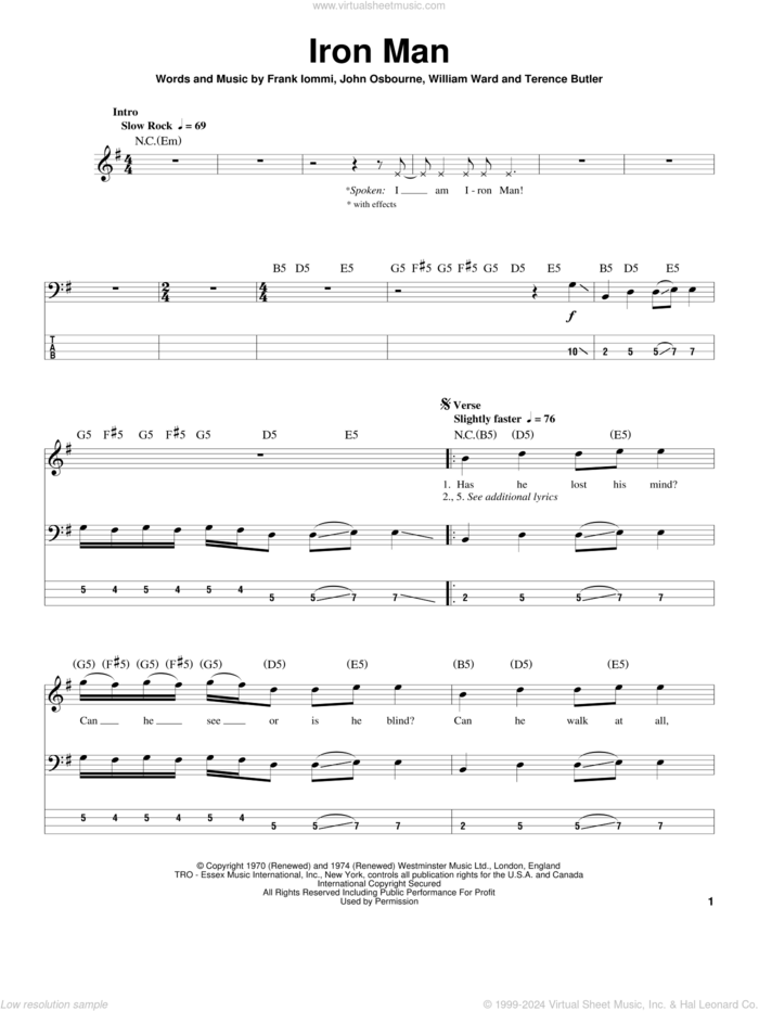 Iron Man sheet music for bass (tablature) (bass guitar) by Black Sabbath, Ozzy Osbourne, Frank Iommi, John Osbourne, Terence Butler and William Ward, intermediate skill level