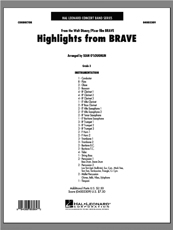 Highlights From Brave (COMPLETE) sheet music for concert band by Sean O'Loughlin, intermediate skill level