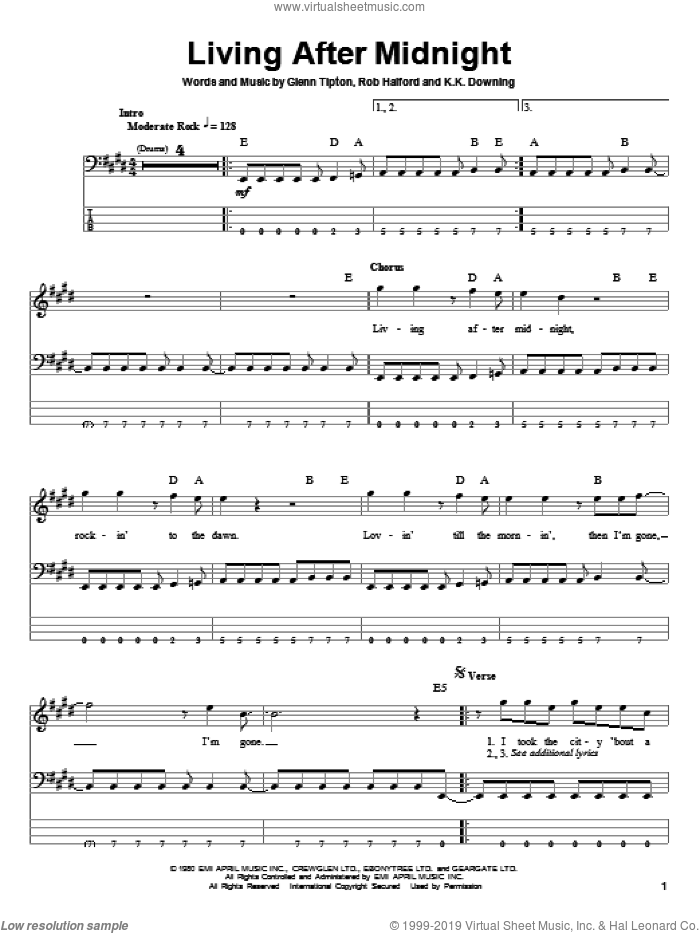 Living After Midnight sheet music for bass (tablature) (bass guitar) by Judas Priest, Glenn Tipton, K.K. Downing and Rob Halford, intermediate skill level