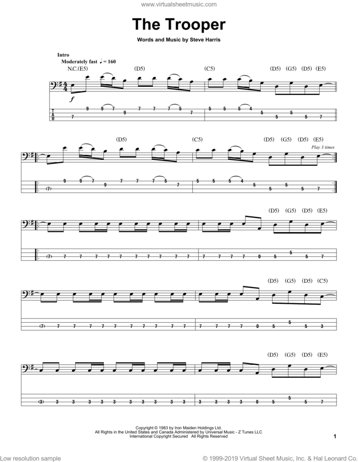 The Trooper sheet music for bass (tablature) (bass guitar) by Iron Maiden and Steve Harris, intermediate skill level