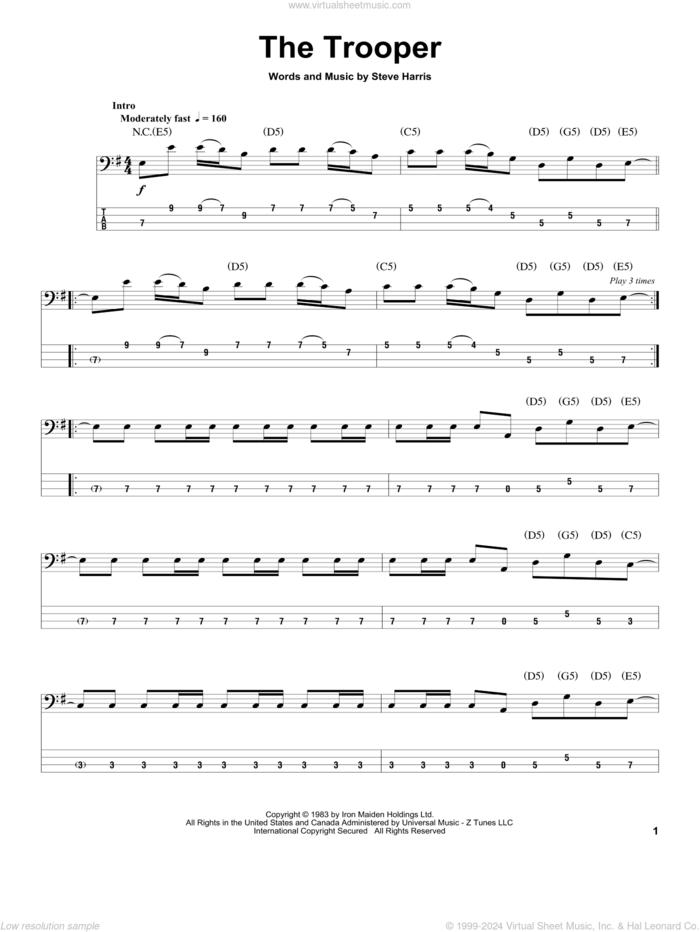 The Trooper sheet music for bass (tablature) (bass guitar) by Iron Maiden and Steve Harris, intermediate skill level