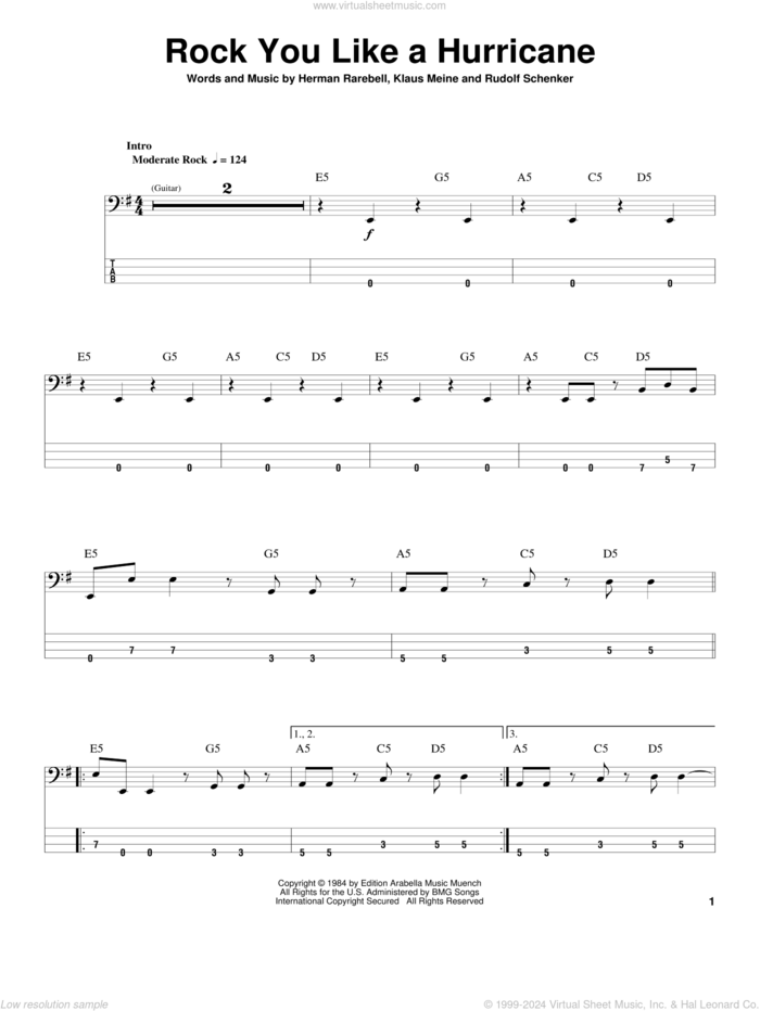 Rock You Like A Hurricane sheet music for bass (tablature) (bass guitar) by Scorpions, Herman Rarebell, Klaus Meine and Rudolf Schenker, intermediate skill level