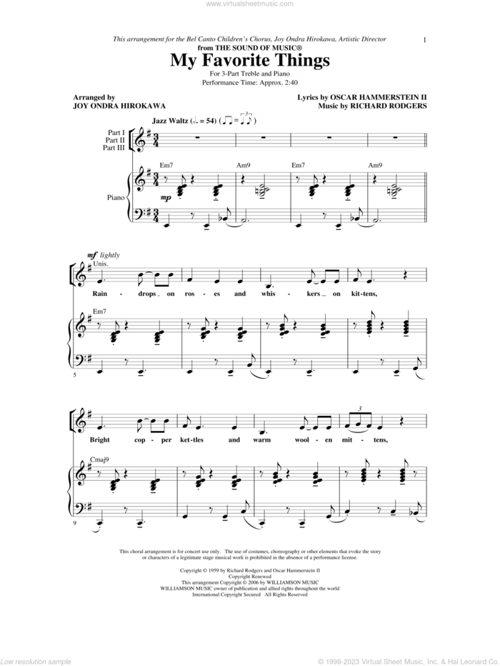 My Favorite Things sheet music for choir (3-Part Treble) by Richard Rodgers, Joy Ondra Hirokawa and Oscar II Hammerstein, intermediate skill level
