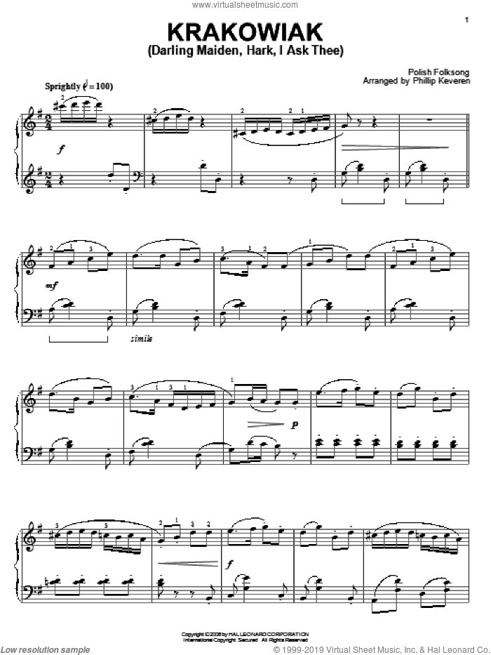 Krakowiak (Darling Maiden, Hark, I Ask Thee) sheet music for piano solo, intermediate skill level
