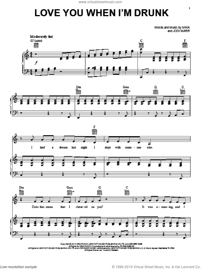Love You When I'm Drunk sheet music for voice, piano or guitar by Mika, intermediate skill level