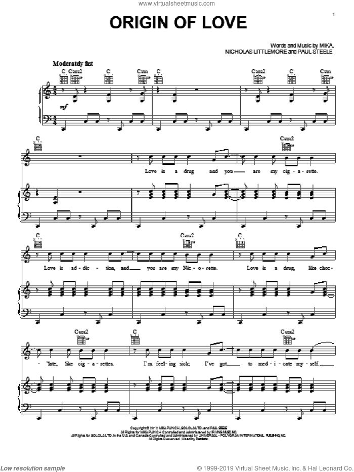 Origin Of Love sheet music for voice, piano or guitar by Mika, intermediate skill level
