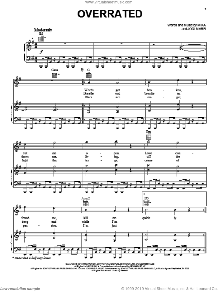 Overrated sheet music for voice, piano or guitar by Mika, intermediate skill level