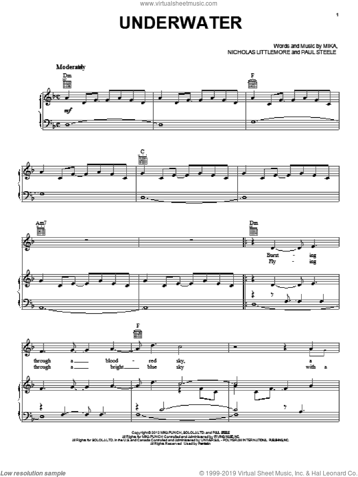 Underwater sheet music for voice, piano or guitar by Mika, intermediate skill level