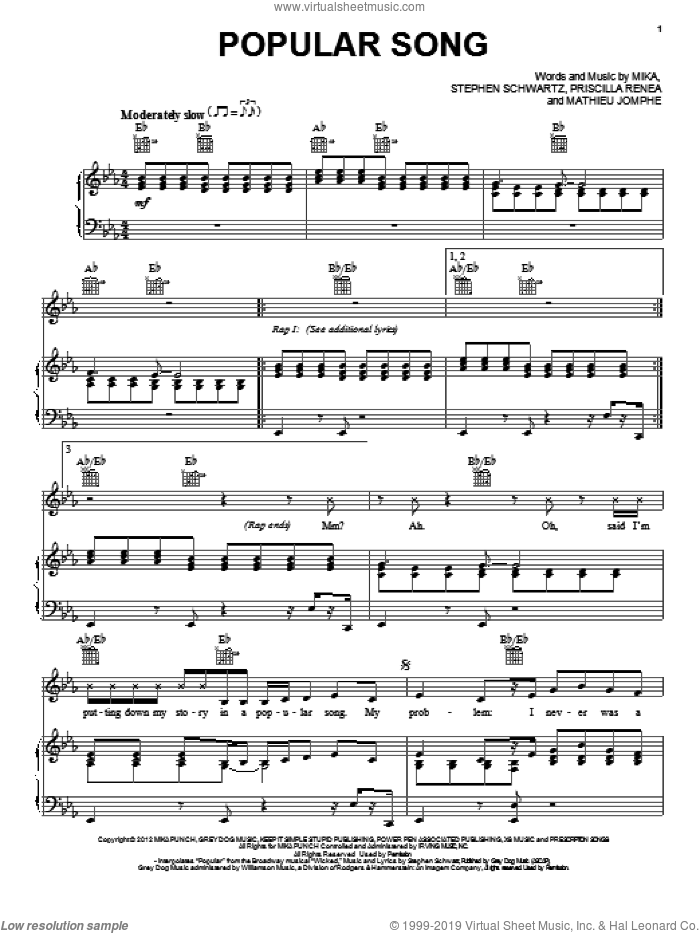 Popular Song sheet music for voice, piano or guitar by Mika, intermediate skill level