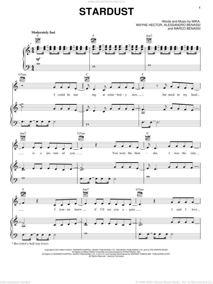 Stardust sheet music for voice, piano or guitar by Mika, intermediate skill level