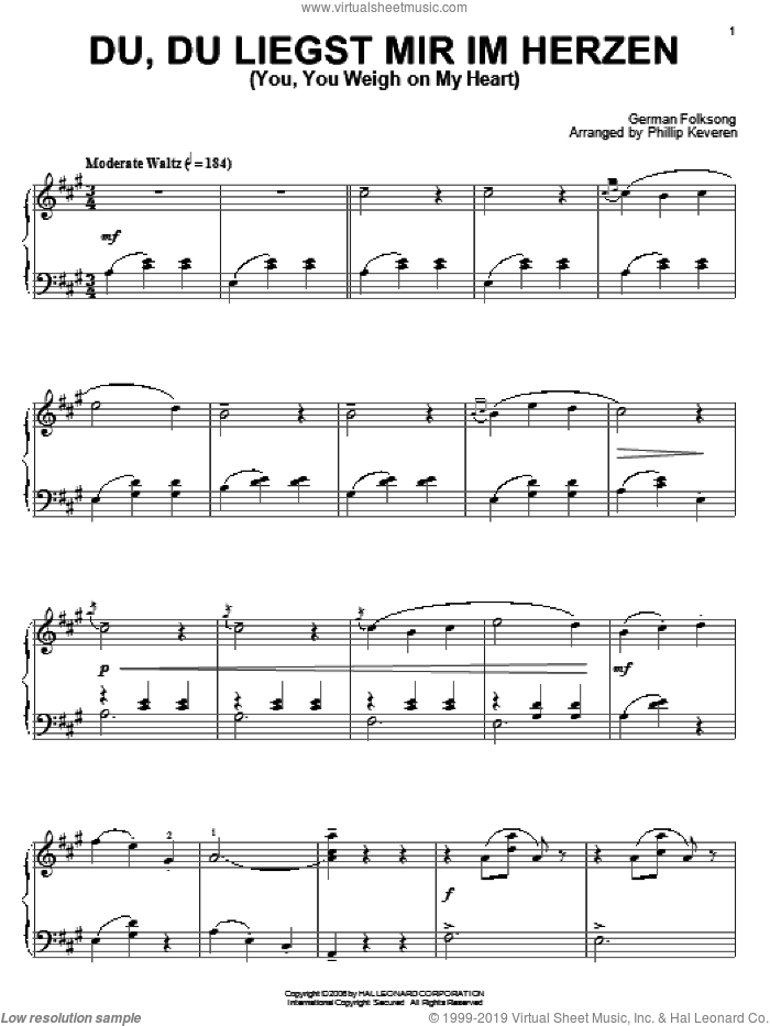 Du, Du Liegst Mir Im Herzen (You, You Weigh On My Heart), (intermediate) sheet music for piano solo, intermediate skill level