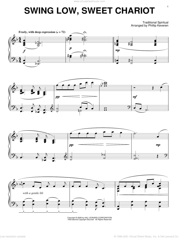 Swing Low, Sweet Chariot, (intermediate) sheet music for piano solo, intermediate skill level