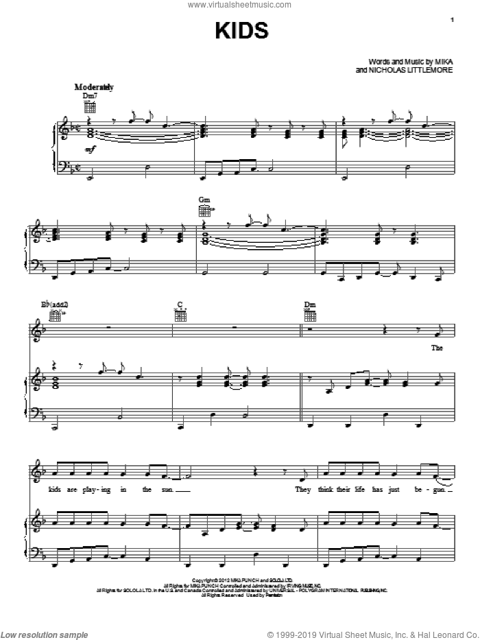 Kids sheet music for voice, piano or guitar by Mika, intermediate skill level