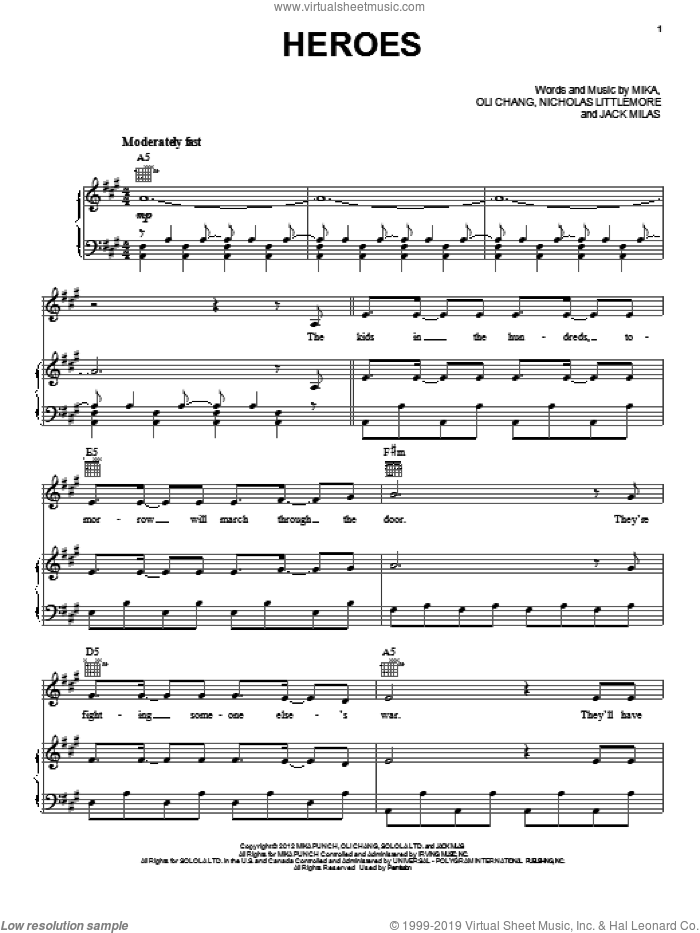 Heroes sheet music for voice, piano or guitar by Mika, intermediate skill level