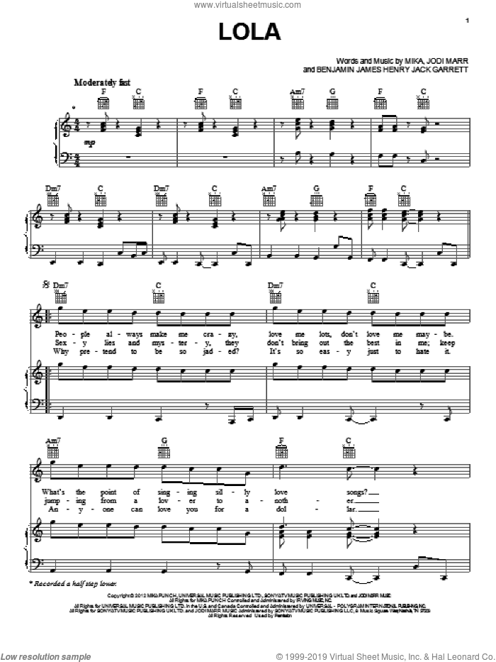 Lola sheet music for voice, piano or guitar by Mika, intermediate skill level