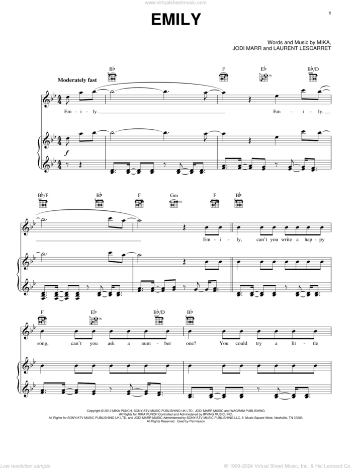 Emily sheet music for voice, piano or guitar by Mika, intermediate skill level