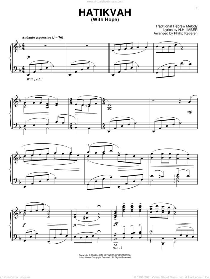 Hatikvah (With Hope) sheet music for piano solo by Naftali Herz Imber and Miscellaneous, intermediate skill level