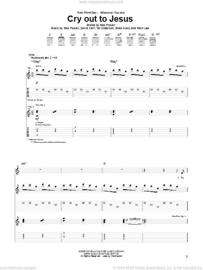 Cry Out To Jesus sheet music for guitar (tablature) by Third Day, Brad Avery, David Carr, Mac Powell, Mark Lee and Tai Anderson, intermediate skill level