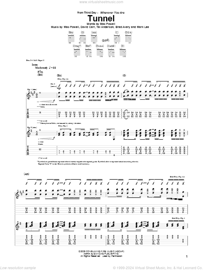 Tunnel sheet music for guitar (tablature) by Third Day, Brad Avery, David Carr, Mac Powell, Mark Lee and Tai Anderson, intermediate skill level