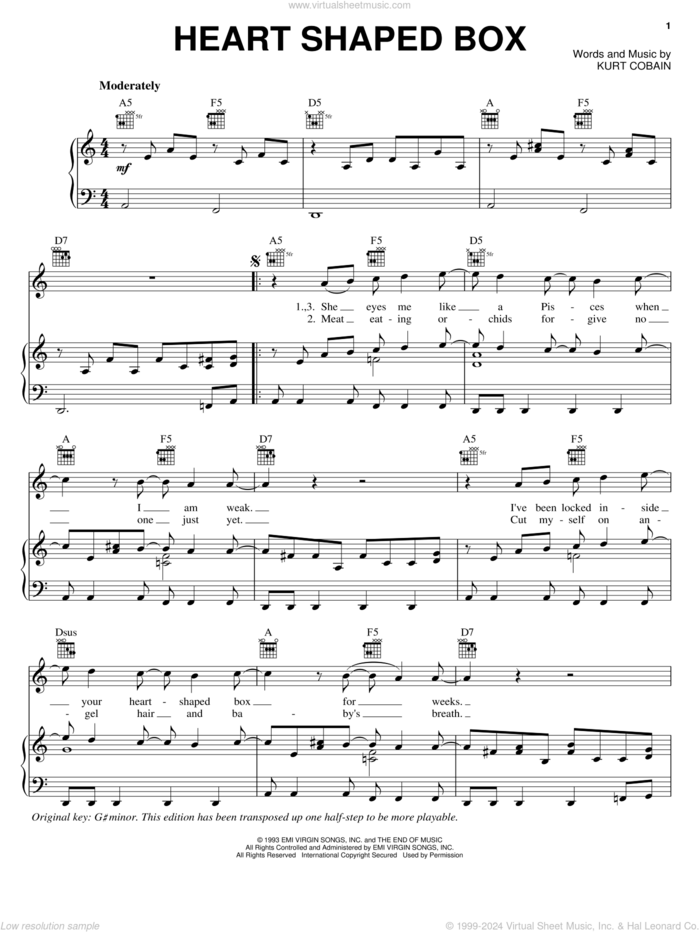 Heart Shaped Box sheet music for voice, piano or guitar by Nirvana and Kurt Cobain, intermediate skill level