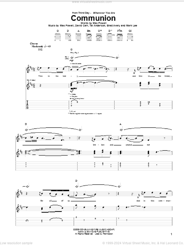 Communion sheet music for guitar (tablature) by Third Day, Brad Avery, David Carr, Mac Powell, Mark Lee and Tai Anderson, intermediate skill level