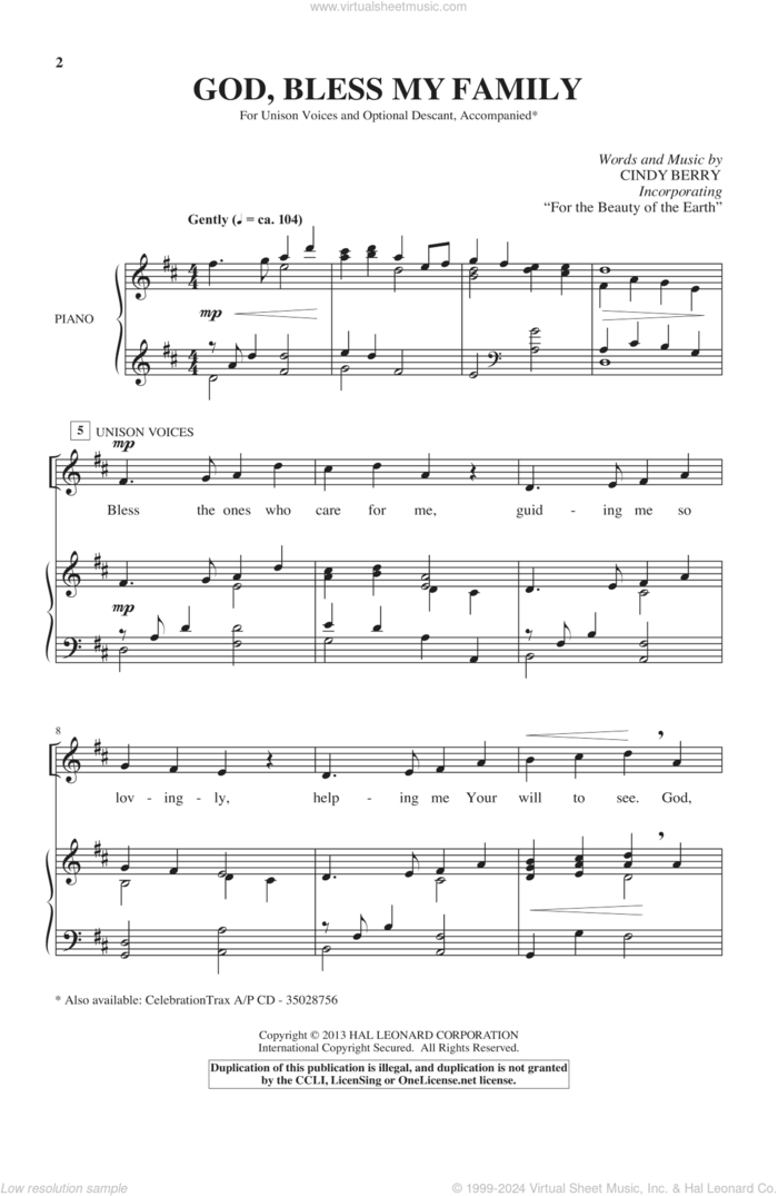 God Bless My Family sheet music for choir (Unison) by Cindy Berry, intermediate skill level