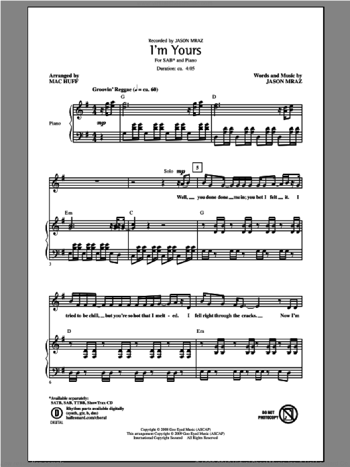 I'm Yours sheet music for choir (SAB: soprano, alto, bass) by Mac Huff and Jason Mraz, intermediate skill level