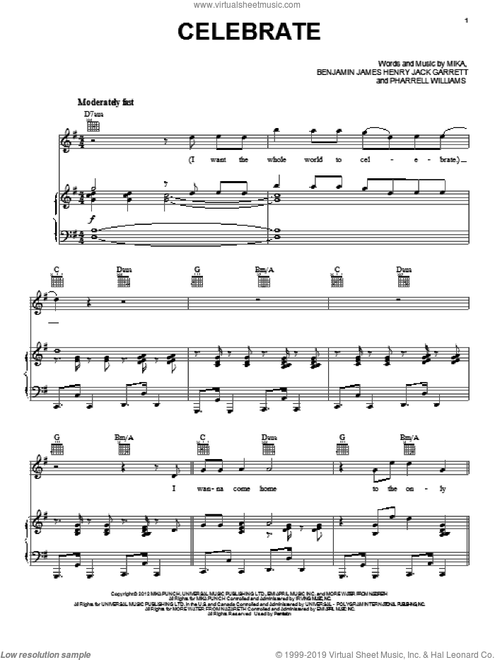 Celebrate sheet music for voice, piano or guitar by Mika, intermediate skill level