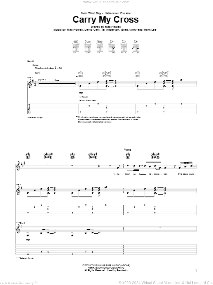 Carry My Cross sheet music for guitar (tablature) by Third Day, Brad Avery, David Carr, Mac Powell, Mark Lee and Tai Anderson, intermediate skill level
