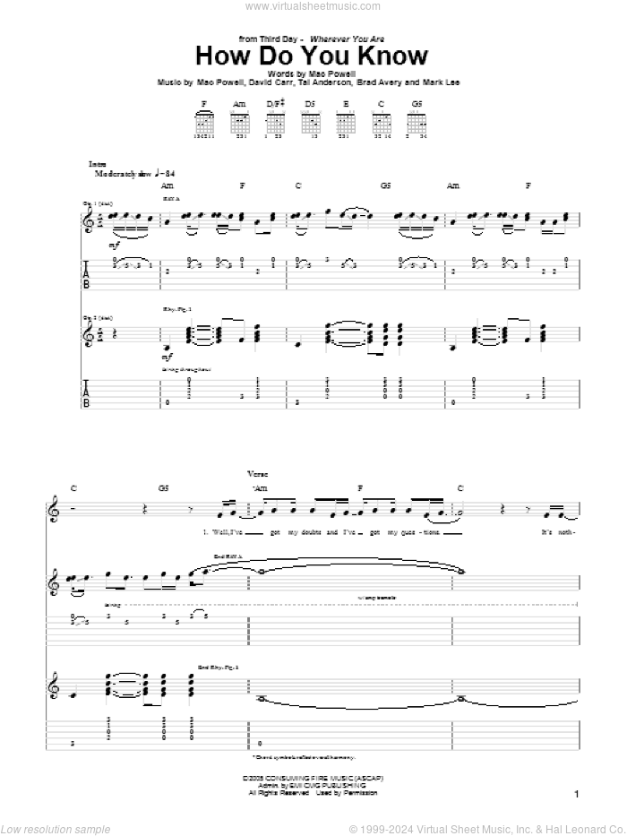 How Do You Know sheet music for guitar (tablature) by Third Day, Brad Avery, David Carr, Mac Powell, Mark Lee and Tai Anderson, intermediate skill level